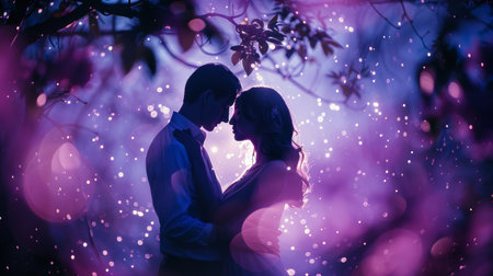 Lovers in a magical embrace surrounded by a violet haze and sparkling lights. Dreamy love conceptの素材
