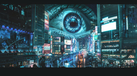 Futuristic vision of a city with an eye and digital interface. Cybersecurity and technology concept. Design for tech-themed wallpaper, poster.の素材