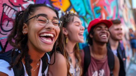 Joyful diverse friends smiling with a graffiti backdrop. Happiness and urban culture concept. Design for social media, banner.の素材