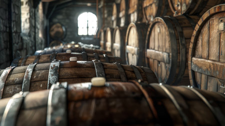 Old wooden wine barrels in a dimly lit cellar. Selective focus photographyの素材