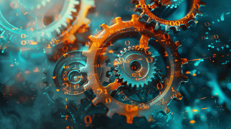Fiery gears in motion with digital binary code. Technology and data processing concept for design and print.の素材