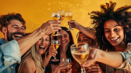Joyful friends raising glasses in a celebratory toast. Studio portrait with yellow background.の素材