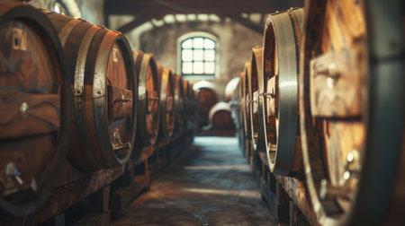 Wine barrels stacked in an old vaulted cellar. Warm ambient photographyの素材