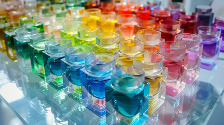 Assortment of vibrant cosmetic creams and gels displayed on a reflective surface. Vivid colors in a cosmetic store settingの素材