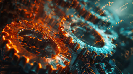 Glowing gears on digital interface representing data processing. Technology and innovation concept for design and print.の素材