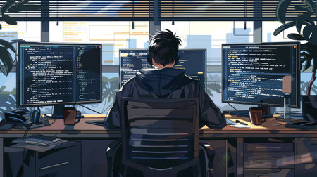Programmer working on code in a dual monitor setup. Software development and coding concept for design and printの素材