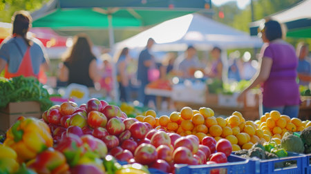 Colorful produce for sale at farmers market. Bokeh effect photography with vibrant vegetables in the foregroundの素材