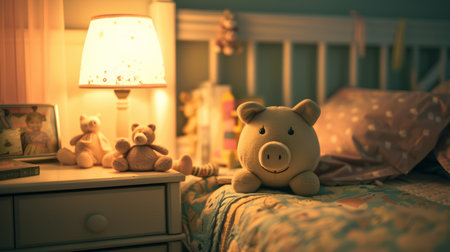 Piggy bank and teddy bear on a shelf with a warm night lamp. Financial education for kids concept for design and print.の素材