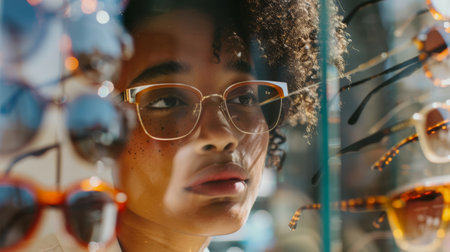 Fashionable woman in eyeglasses with reflections of lights and frames. Close-up shot with a focus on glassesの素材