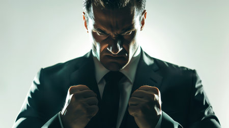 Angry businessman with fists clenched in rage. Dramatic lighting studio shot depicting business frustration and stressの素材