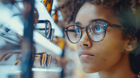 Young woman with glasses looking through colorful optical illusions. Close-up photography with a vibrant bokeh effectの素材