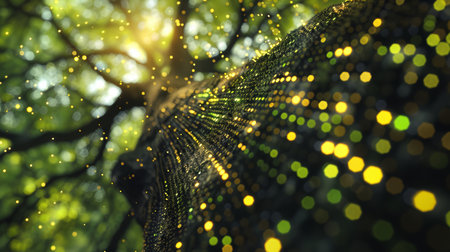 Luminous digital forest pathway with light particles and green tones. Abstract representation of data flow in nature.の素材