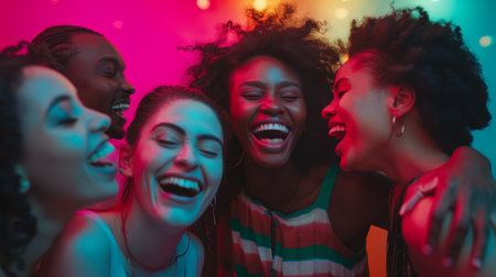 Group of joyful young people laughing in neon light. Vibrant party and fun conceptの素材