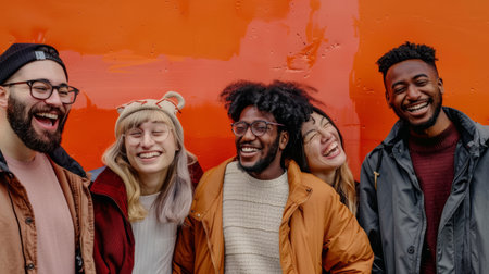 Cheerful diverse friends laughing together against orange wall. Happy friendship and multicultural concept.の素材