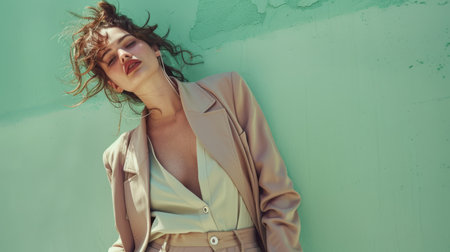 Fashionable woman posing against a teal wall with dynamic hair movement. Concept of urban fashion and confidenceの素材