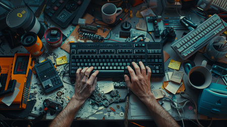 Hands typing on a mechanical keyboard amidst electronic repair workstation chaos. Overhead shot with selective focus.の素材