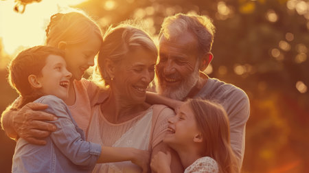 Grandparents and grandchildren laughing together at sunset. Concept of joyful multigenerational relationshipsの素材