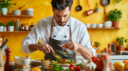 Smiling chef seasoning food in kitchen with vibrant ingredients. Studio shot against yellow background.の素材