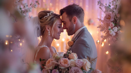 Newlyweds sharing a tender moment amidst romantic wedding decorations and warm lightの素材