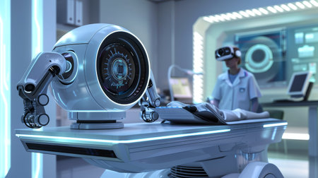 Advanced MRI machine in a high-tech medical imaging room with an operator and patientの素材