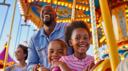 Father and children enjoying a carousel ride at an amusement park. Family fun and bonding conceptの素材