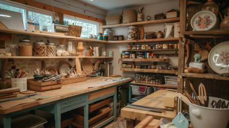 Cozy and well-organized craft room with a variety of art supplies and natural light. Creative workspace conceptの素材