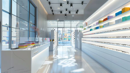 Warm wooden eyewear store design with soft lighting. Modern retail space with shelving and product displaysの素材