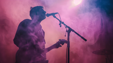 Guitarist silhouetted against vibrant pink stage fog. Moody concert shot. Live performance and atmosphere concept.の素材