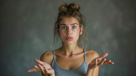 Portrait of a surprised young woman with wide eyes and a questioning gesture. Indoor photography with a moody atmosphere.の素材
