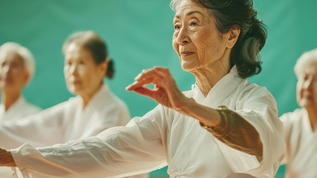Senior women practicing Tai Chi in a group. Health and wellness concept for design and print.の素材