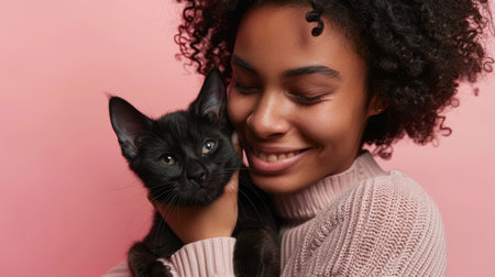 Young woman embracing a black kitten. Close-up studio portrait against a pink backgroundの素材