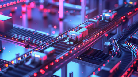 Intricate rail transport system with multiple robotic trains. High-tech transportation and automated control concept.の素材