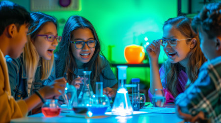 Focused children conducting science experiments with lab equipment. Educational and science concept.の素材