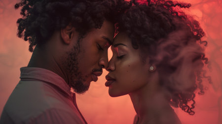 Intimate couple with faces close together against a red foggy background. Romantic mood concept.の素材