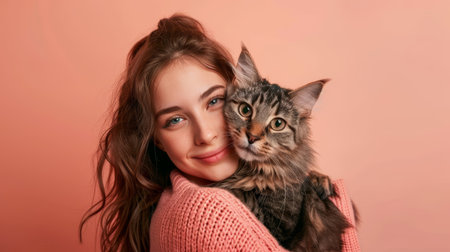 Smiling young woman holding a tabby cat. Studio portrait with a warm pink backgroundの素材