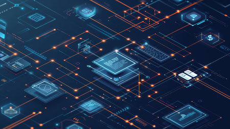 Futuristic digital technology concept on dark and light backgrounds. Isometric digital data flow visualization for design and printの素材