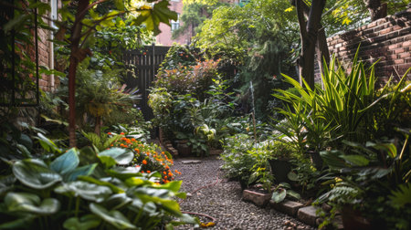 Lush urban garden pathway with a variety of plants and flowers. Gardening and greenery concept with a tranquil atmosphere for design and printの素材
