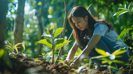 Focused woman planting saplings in earth. Casual style outdoor activity. Sustainable living and environmental conservation concept.の素材