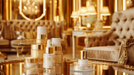 Premium golden skincare products on a luxurious mirrored tray. Elite beauty and exclusive skincare conceptの素材