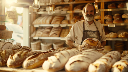 Happy elderly baker with a rustic loaf of bread in a sunlit bakery. Traditional baking and craftsmanship concept with copy space for design and printの素材