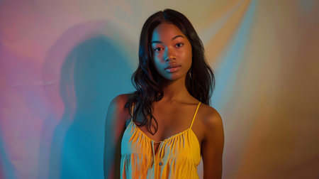 Serious young woman with colorful shadows on her face. Studio portrait with creative lighting.の素材
