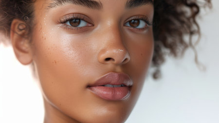 Macro beauty portrait of a female with freckles. Skincare and natural beauty conceptの素材