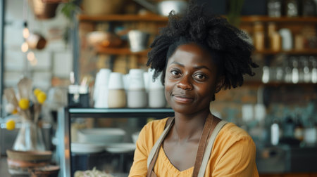 Entrepreneurial woman with a friendly smile standing in a cafe. Small business owner and hospitality conceptの素材