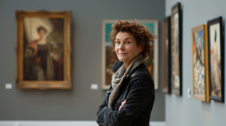 Art gallery director standing confidently with artwork. Professional curator and modern art concept for design and print.の素材