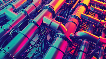 Vibrant neon colored industrial pipelines in an abstract setting. Conceptual art for energy and fluid dynamics studiesの素材