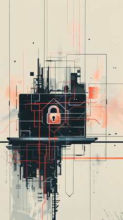 Abstract cybersecurity concept with padlock icon and fragmented digital landscape in warm tones. Modern digital art illustration for technology and security themesの素材