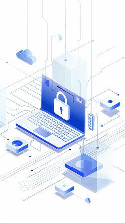 Isometric laptop with padlock symbol on blue and white abstract digital background. Cybersecurity and information protection illustration for web design and printの素材