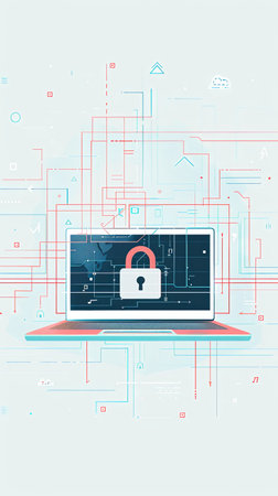 Cybersecurity and network protection illustration with laptop on blue and red digital abstract backgroundの素材