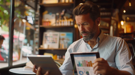 Man using a tablet in a cafe with financial graphs on screen. Business and finance concept. Casual professional working remotely.の素材