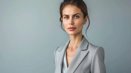 Thoughtful young professional woman in gray suit. Modern business concept with copy space for design and printの素材